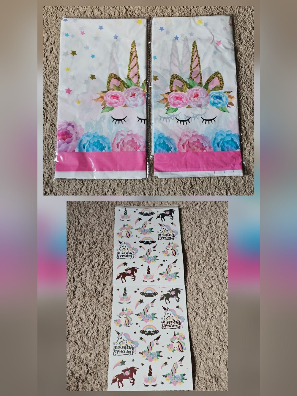 New! Set of 2 Unicorn Table Cloths & 2 Unicorn Temp Tattoos - Party Birthday Etc